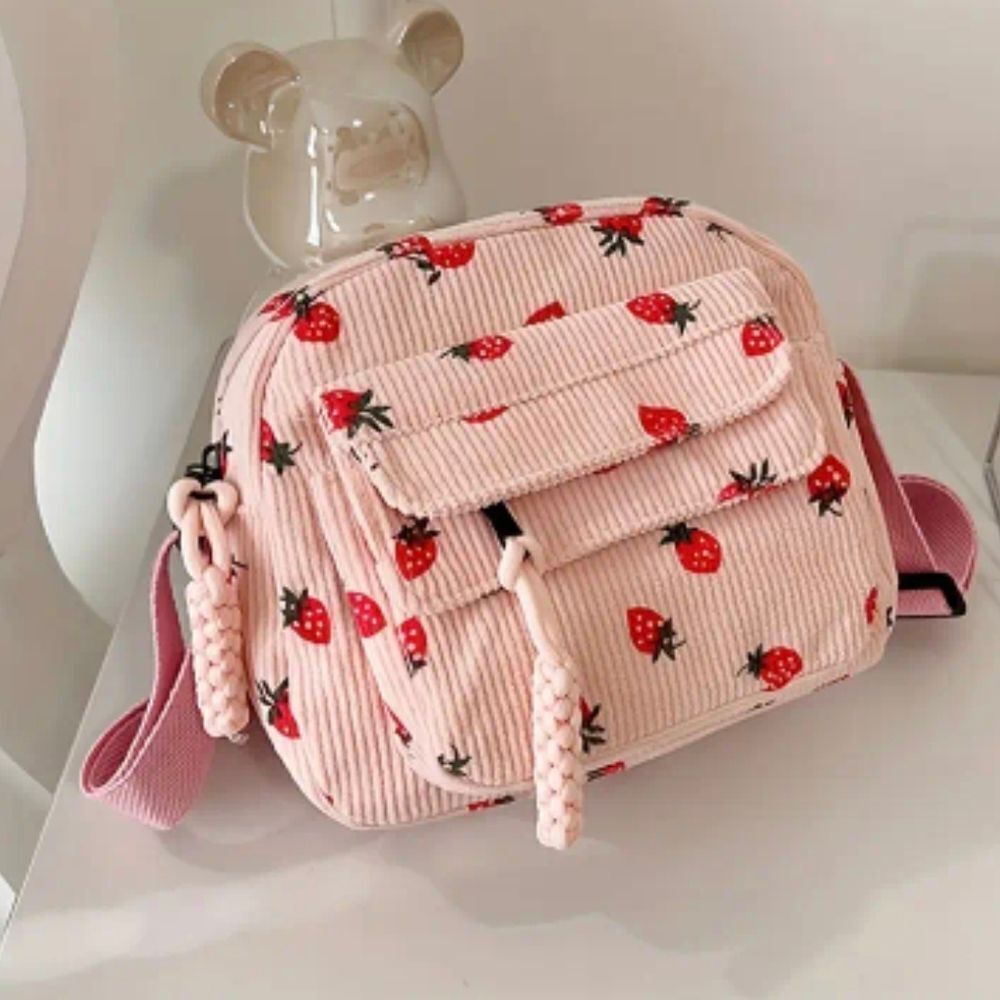 Pink Corduroy Cute Strawberry Print Lunchbag Belt Bag
